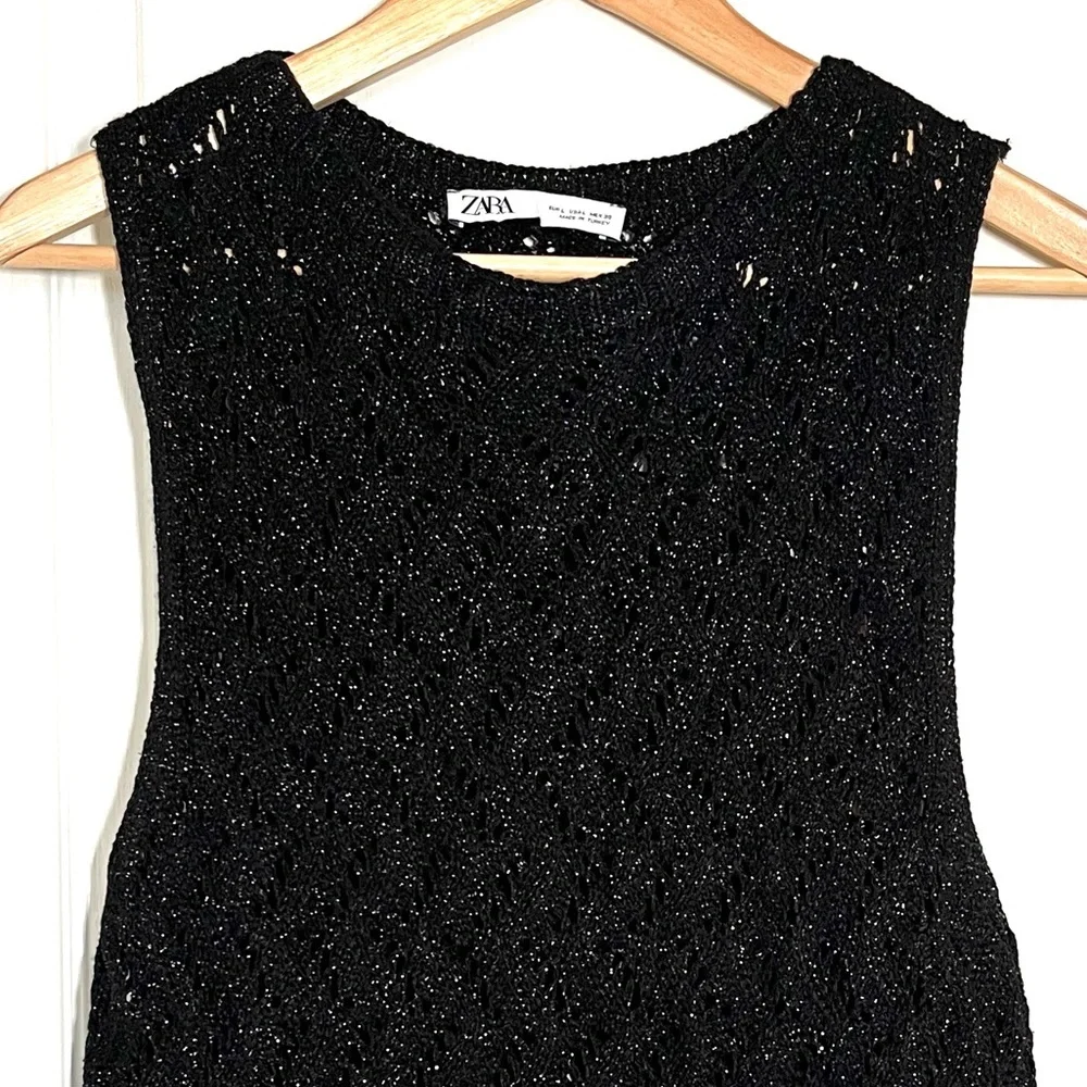 Zara Black Crochet Knit Fringe Hem Top Metallic Thread Festival Wear Boho Chic - Picture 2 of 9